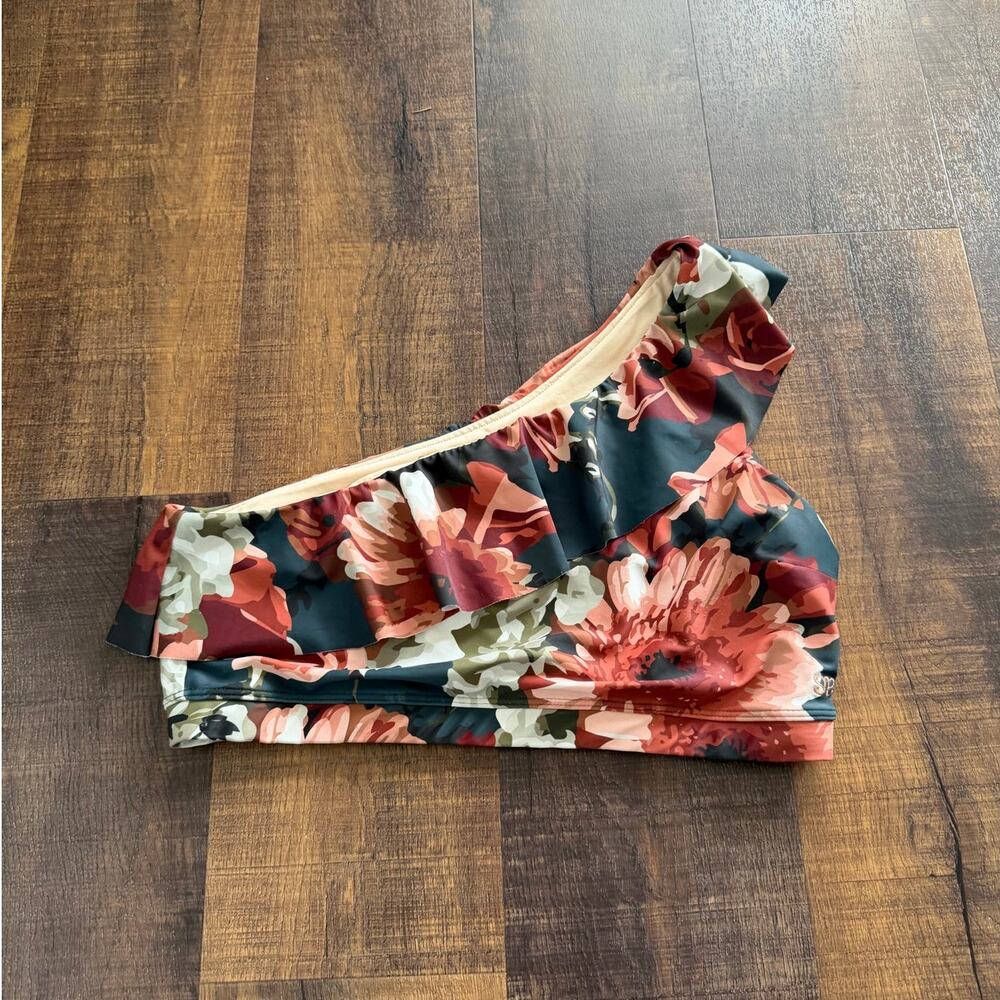 Albion Fit Icon One Shoulder Floral Ruffle Asymmetrical Swim Bikini Top Size XXL